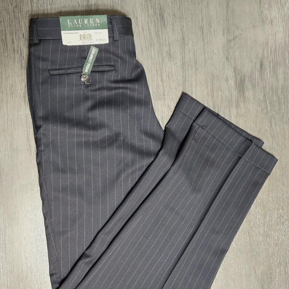 NWT Ralph Lauren Total Comfort Pleated 100% Wool Navy Dress Pants 34W x 32L